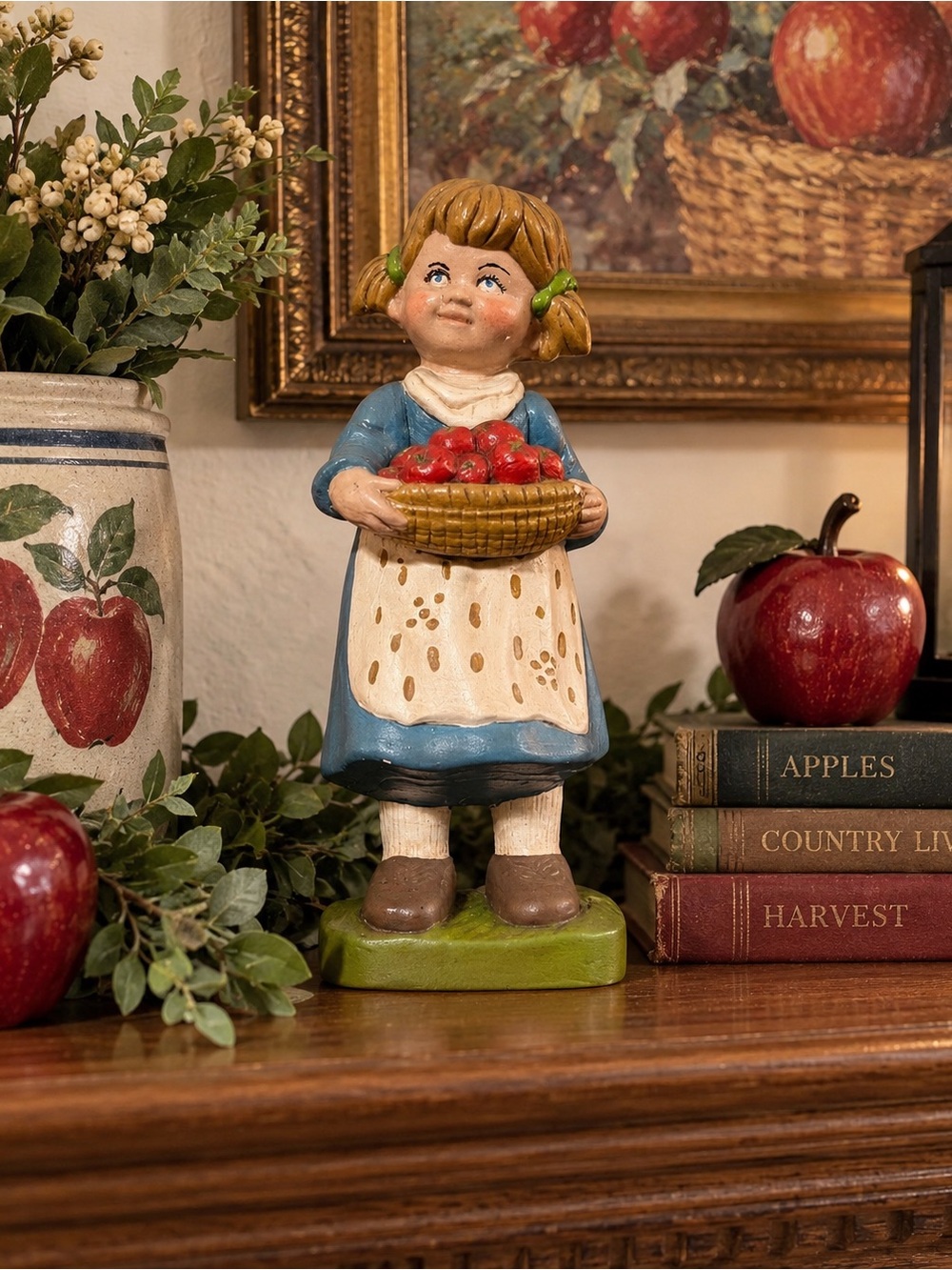 Ceramichrome 1972 Girl Figurine Holding Basket of Red Apples